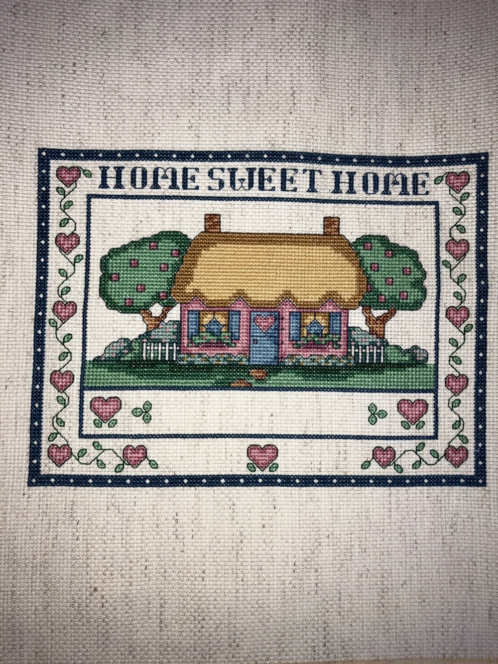 Vtg Home Sweet Home Cross Stitch Wall Art - Pink Cottage Hearts 14.5x18 inch